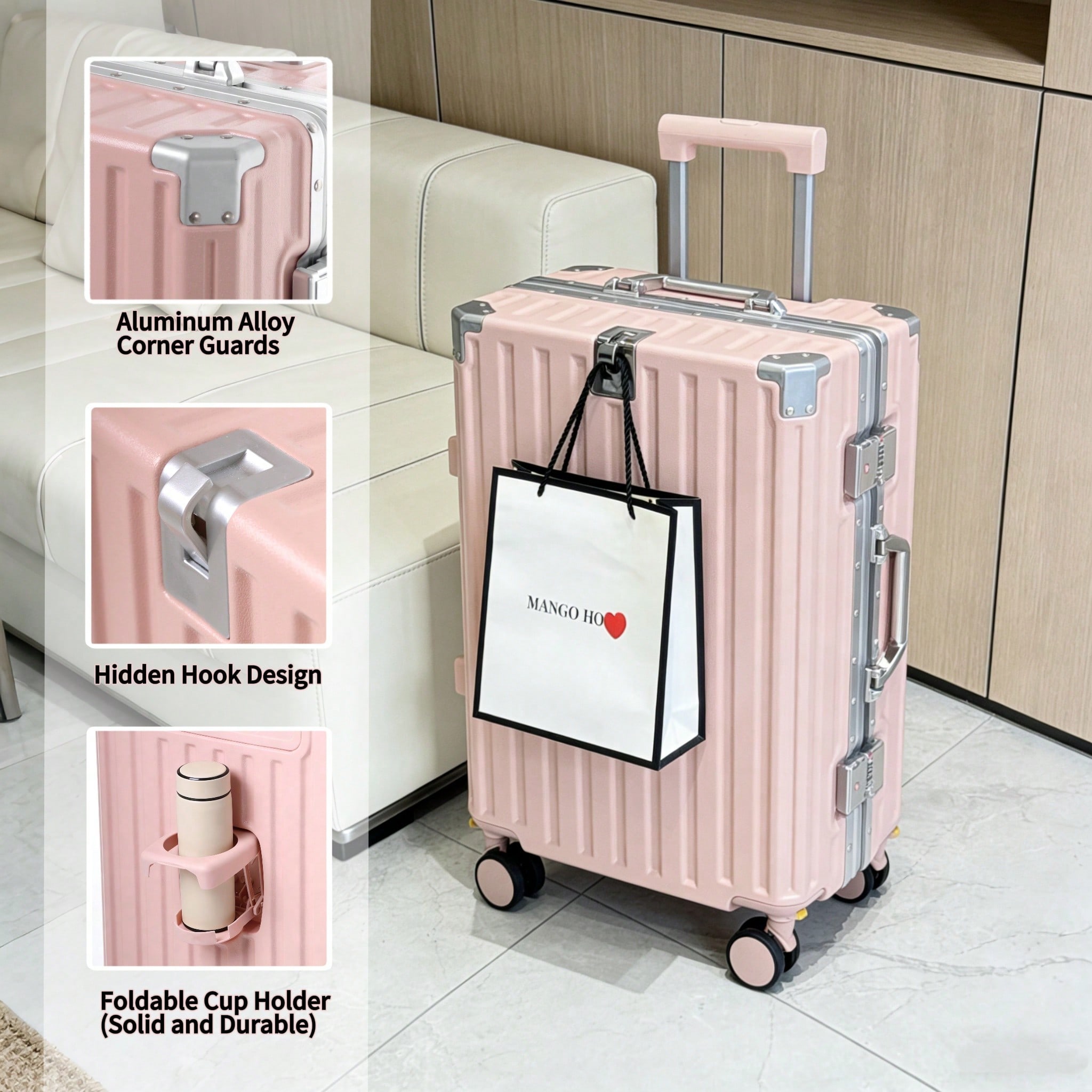 Aluminum Frame Carry On Luggage - กระเป๋าเดินทางขนาด 20 นิ้ว ได้รับการอนุมัติจากสายการบิน, กระเป๋าเดินทางเปลือกแข็ง PC