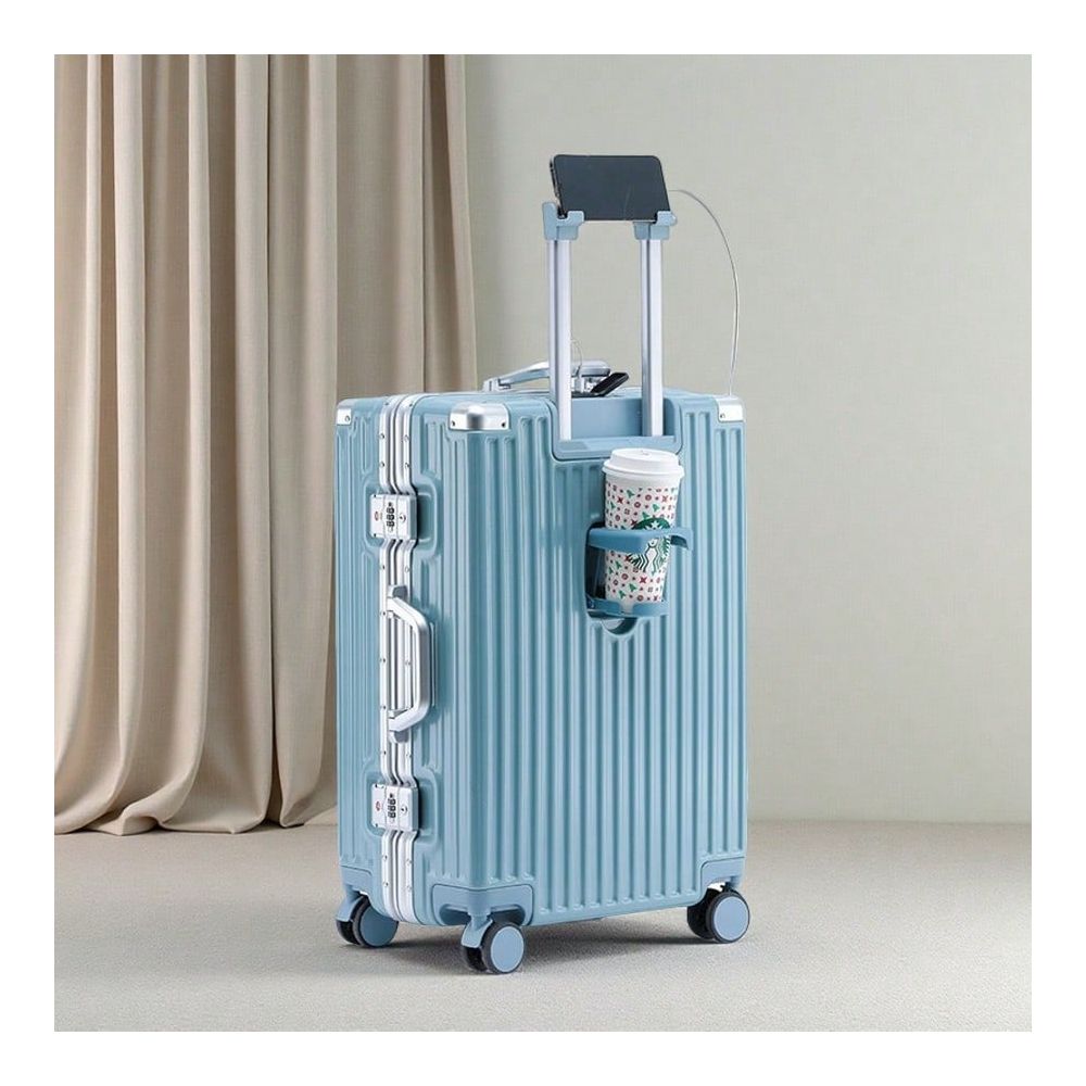 Aluminum Frame Carry On Luggage - ชุดกระเป๋าเดินทางอลูมิเนียม 20 24 นิ้ว พร้อมที่วางแก้ว ช่องชาร์จไฟ