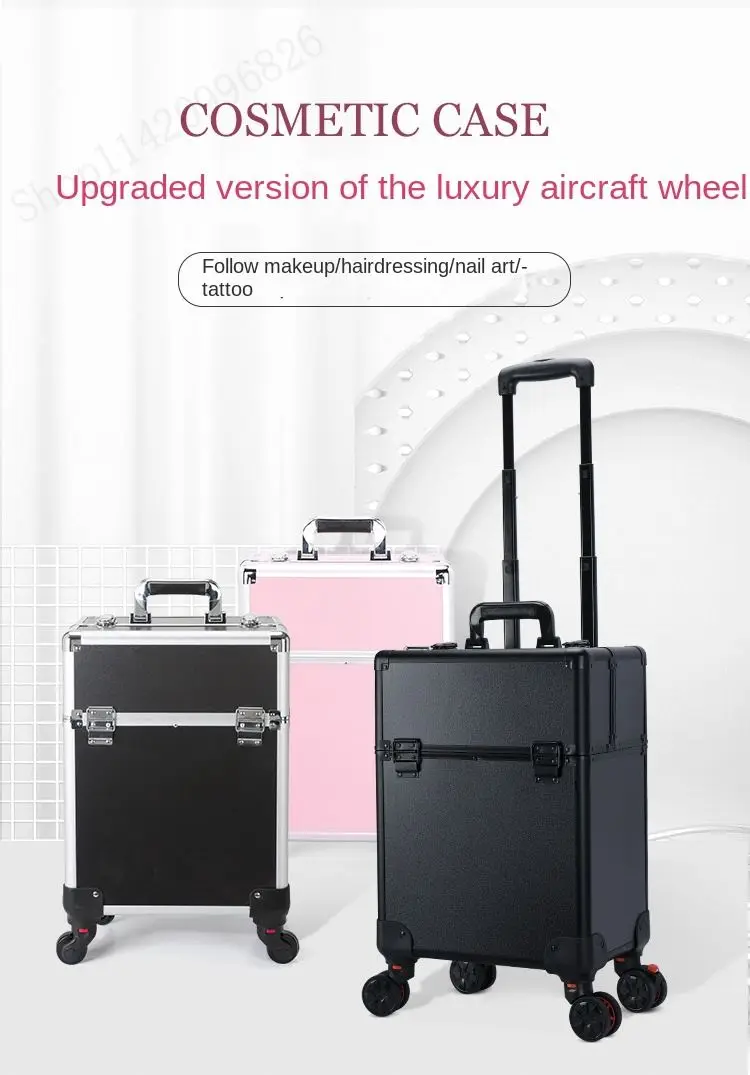 Luggage - กระเป๋าเครื่องสำอางแบบมีล้อลากขนาดใหญ่สำหรับมืออาชีพ สำหรับช่างแต่งหน้า ใส่ชุดทำเล็บและอุปกรณ์สักคิ้วถาวร