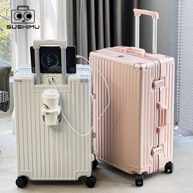 Spinner Wheel Rolling Suitcase 20 Inch - SUSHIMU กระเป๋าเดินทางพร้อมถ้วยที่วางโทรศัพท์ Hard Shell Rolling กระเป๋าเดินทางพร้อม