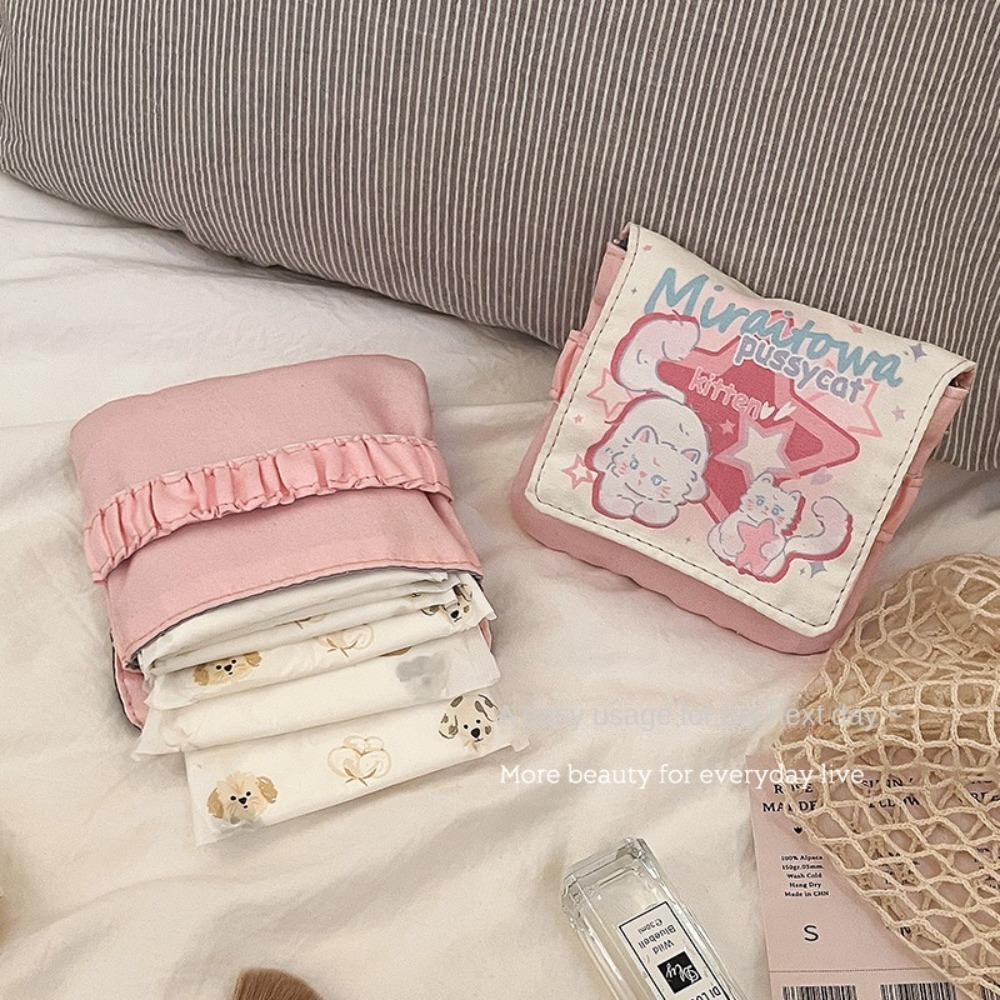 Cosmetic Bags - กระเป๋าใส่สายเคเบิลขนาดเล็ก กระเป๋าใส่ผ้าอนามัยอเนกประสงค์ ความจุขนาดใหญ่ กระเป๋าเครื่องสำอาง กระเป๋าใส่ผ้าอนามัยลายการ์ตูนแมวน้อย กระเป๋าเก็บของ