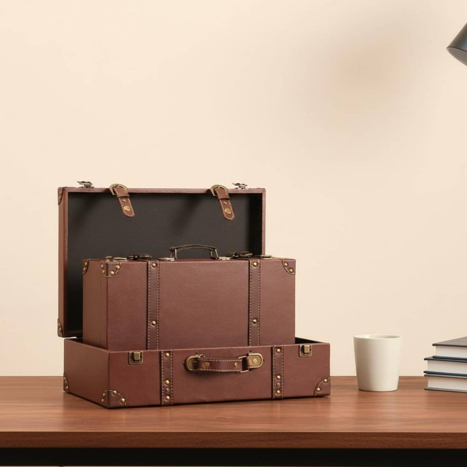 Retro Vintage Trunk Suitcase - กระเป๋าเดินทางวินเทจทรงกระบอก หนังเทียม แข็งแรง ทนทาน สไตล์เรโทร พร้อมฮาร์ดแวร์แบบหมุด
